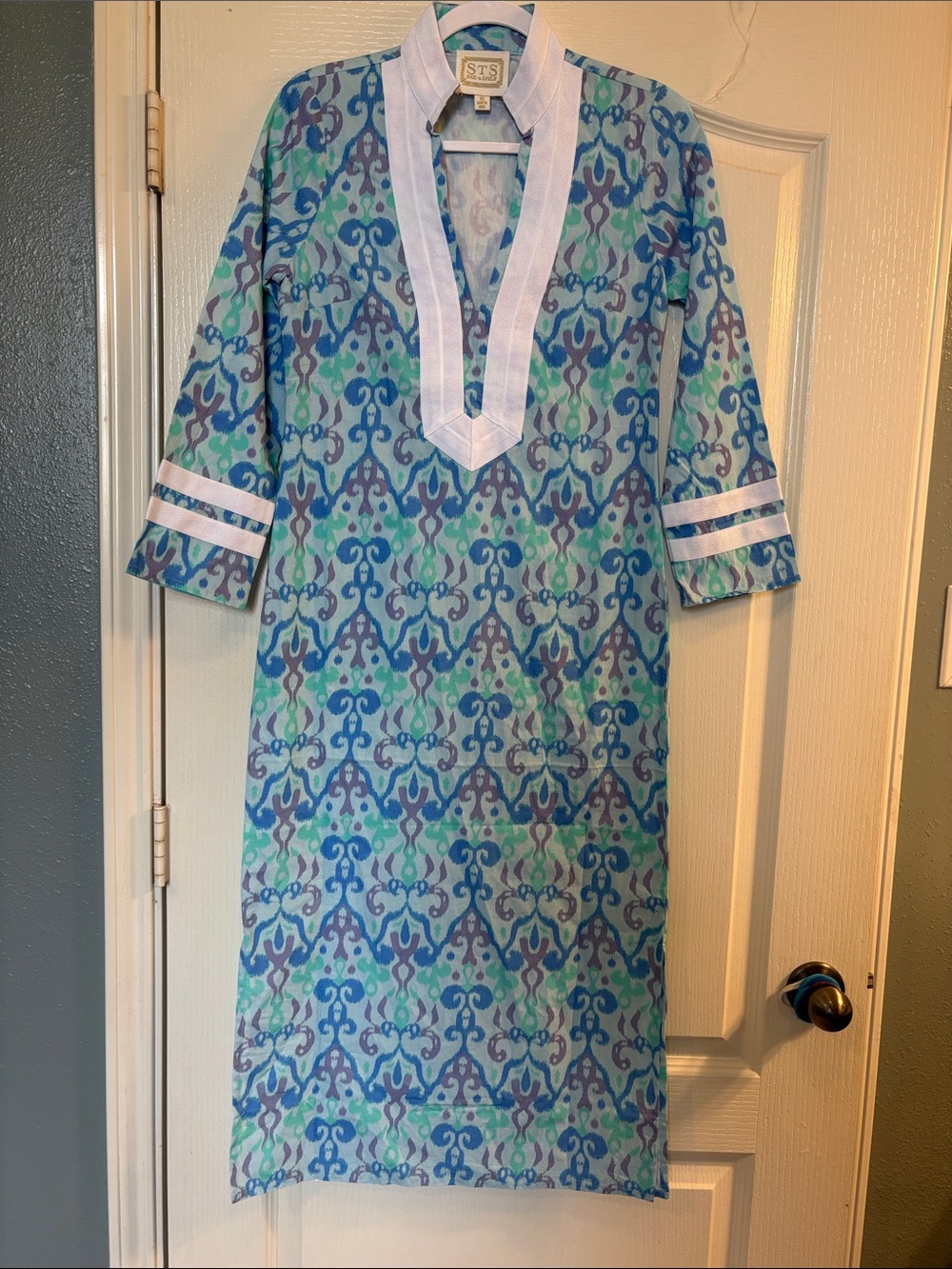 Sail to Sable | Blue & Green 100% Cotton Long Sleeve Caftan - Picture 7 of 16